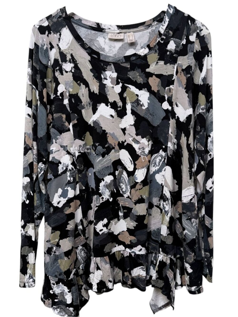 LOGO Lori Goldstein Tunic Tee Womens Medium Black Floral Ruffle Hem Boho Top